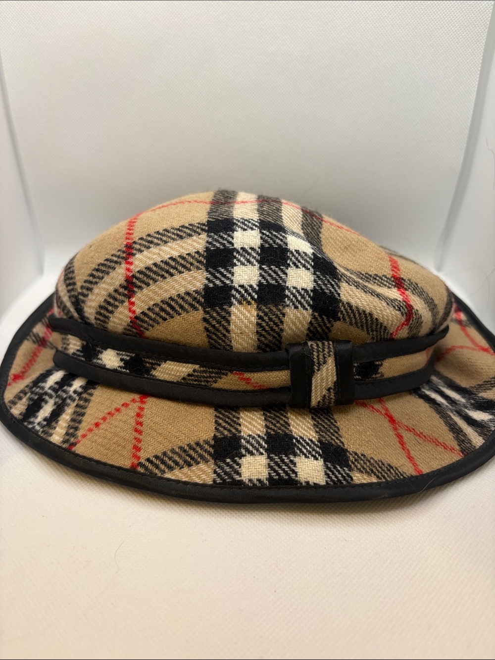 Burberry Tan Plaid Bucket Hat with Black Band and Red Accents